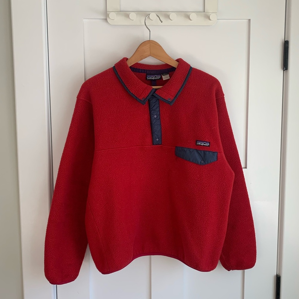 Patagonia Red Fleece Pullover with Navy Trim